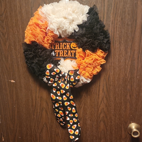 Handcrafted Other - Halloween Candy Corn Holiday Wreath - Orange Black White - Trick or Treat Decor